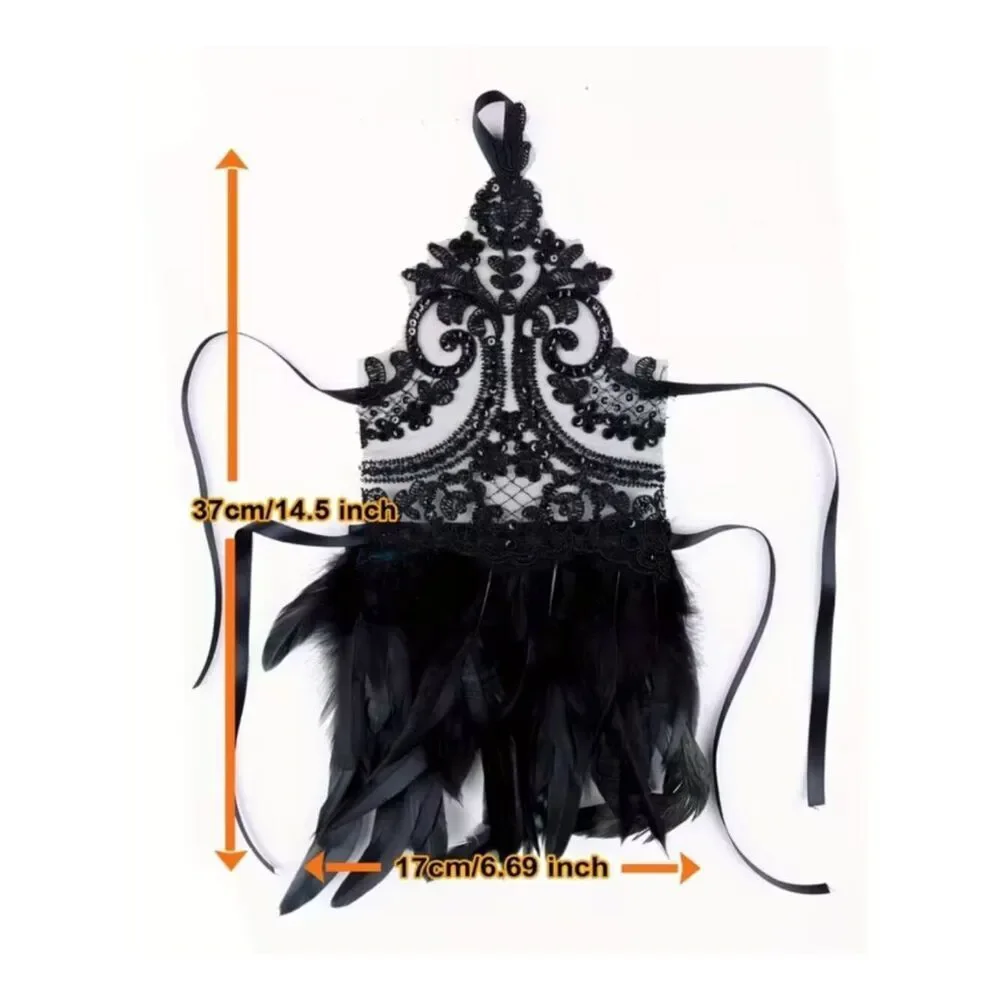 NWT Gothic Black Lace Feather Fingerless Gloves Witch Halloween Cosplay Cuffs